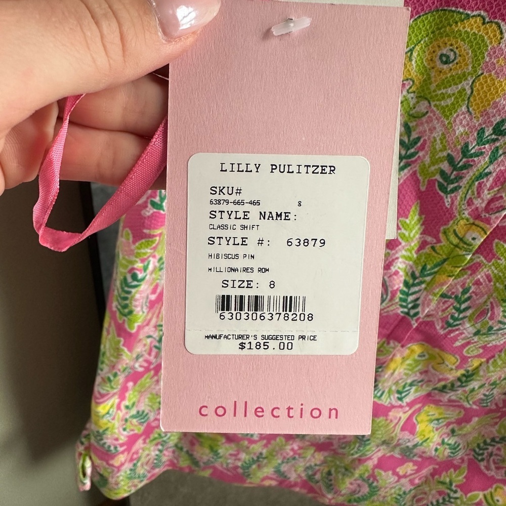 NWT, Lilly Pulitzer Pink and Green Floral Classic Shift Hibiscus Pin Dress - Picture 3 of 3
